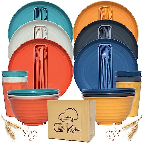48 Pcs Wheat Straw Dinnerware Sets for 6- Unbreakable Dinnerware Multicolor B