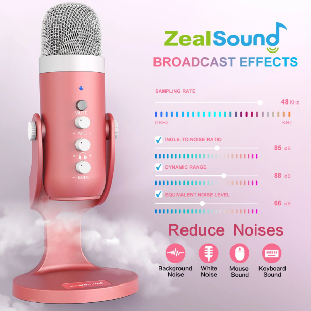 Gaming USB Pink Microphone with Quick Mute for Phone Computer PC PS5, Studio