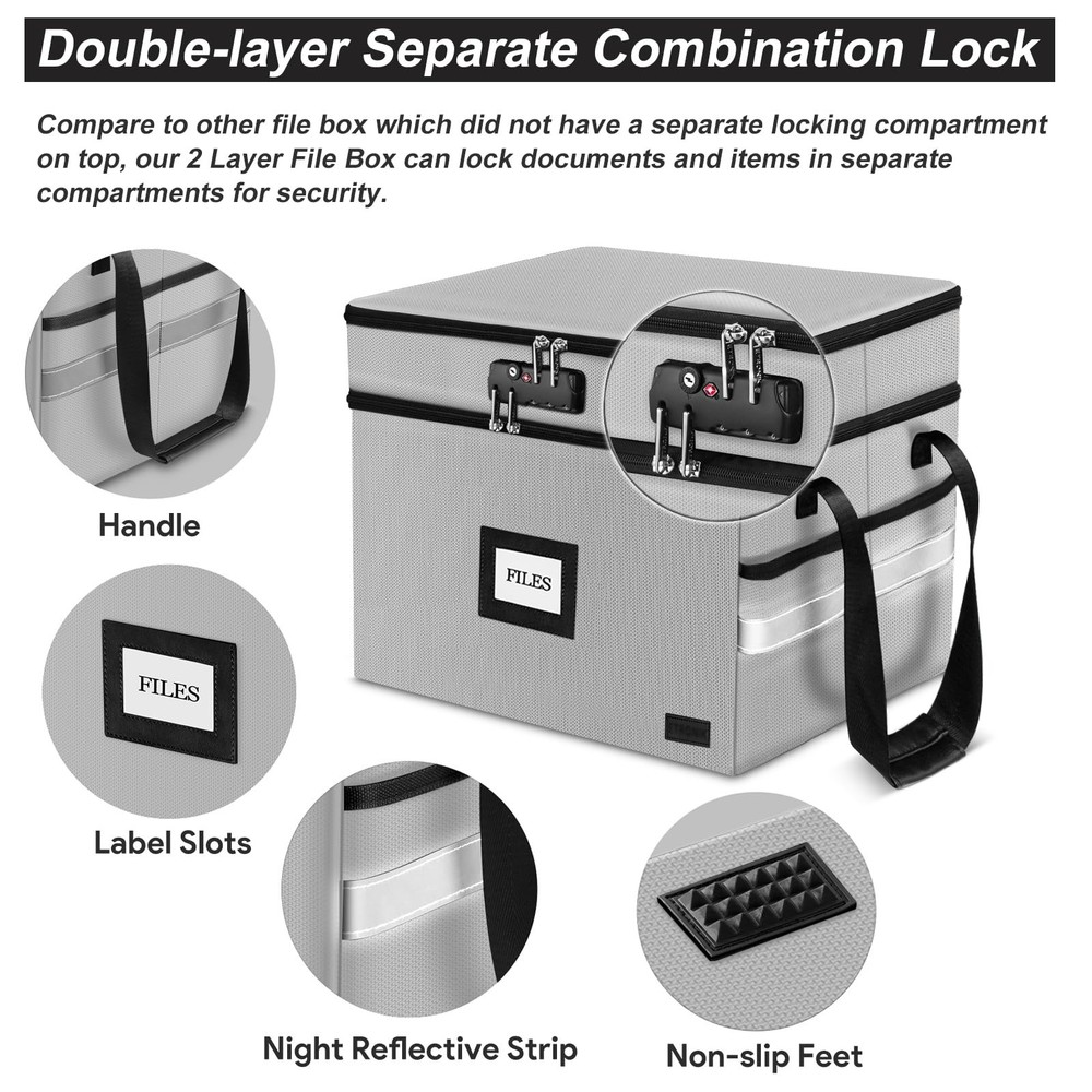 Fireproof Document Box with Lock, 2-Layer File Box Storage Organizer with 5 T...