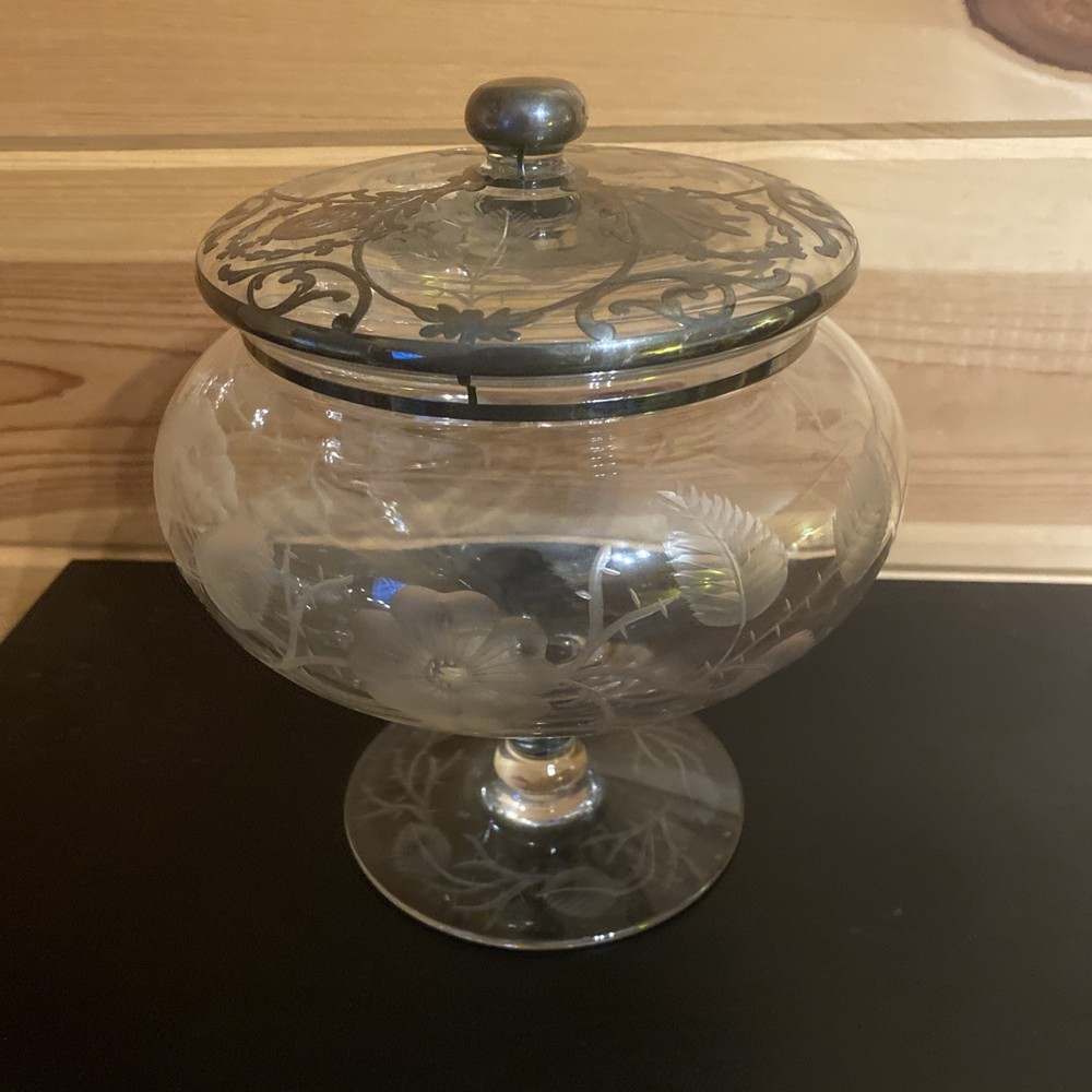 Etched Glass Compote With Silver Overlay Beautiful!