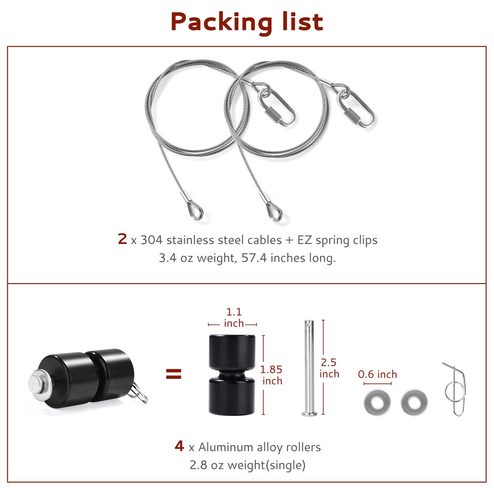 2Pcs Gorilla Lift Cable, with 4Pcs Aluminum Alloy Rollers Black Pins