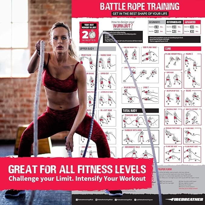 Pro Battle Ropes with Anchor Strap Kit and Exercise Poster Strength Training