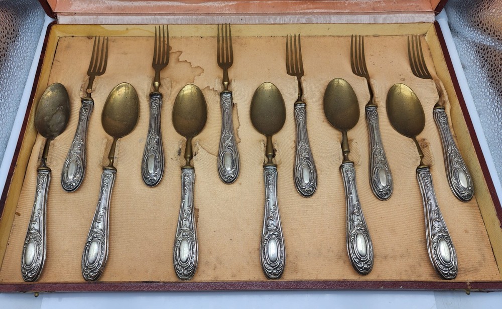 Antique ARGENTO .800 Silver Handled Forks & Spoons Set with Original Fitted Case