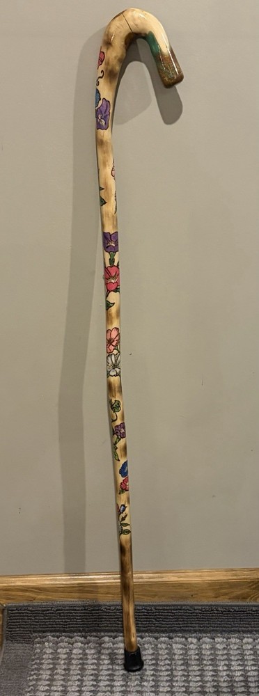 41” Walking CANE With Morning Glory Pyrography Handmade & Finished 🇺🇸