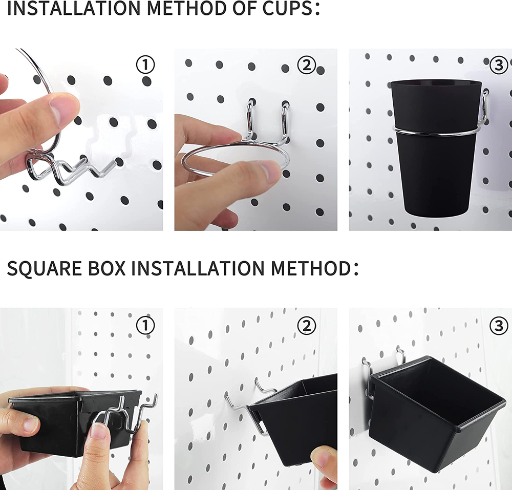 Bins Pegboard Cups Holder with Hooks Accessories Organizer Tools Storage 6 Set