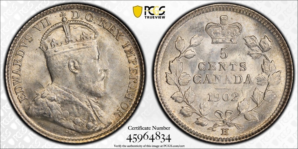 1902-H Canada 5 cents silver Large H PCGS MS65