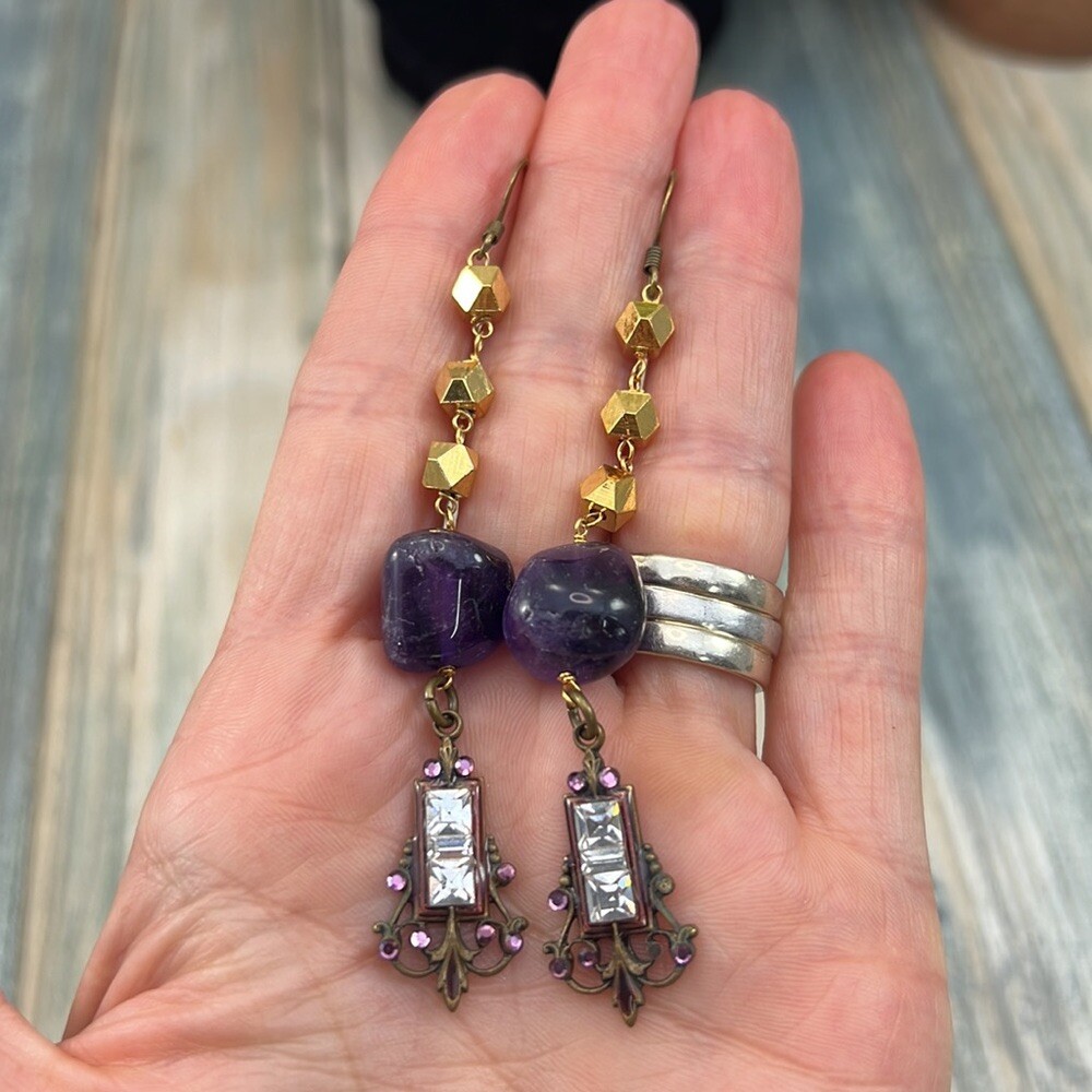 Adorned Crown Artisan Assemblage amethyst rhinestone gold cube earrings