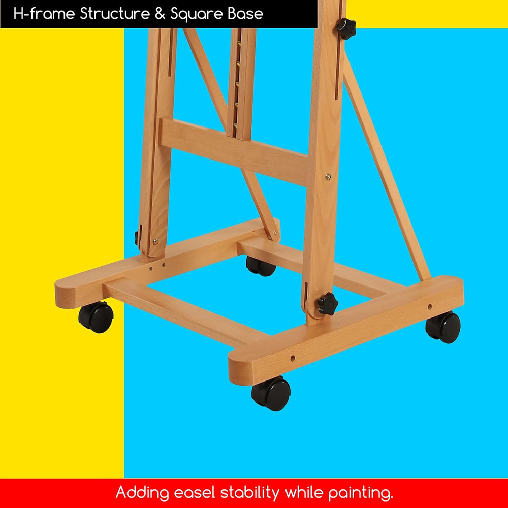 Large Studio H-Frame Beech Wood Artist Easel - Adjustable Movable Tilting Easel,
