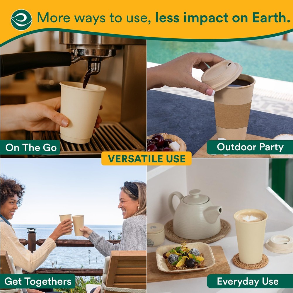 ECO SOUL 100-Pack 16 oz Disposable Compostable Coffee Cups w/ Lids Biodegradable