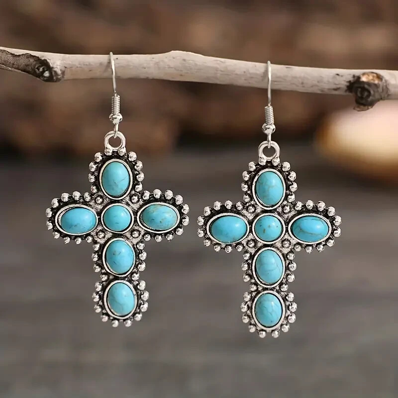 Turquoise Inlaid Cross Dangle Earrings Silver Tone