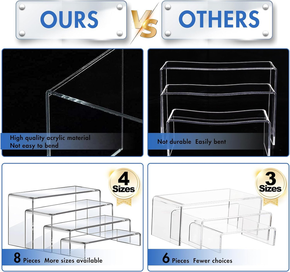 Clear Acrylic Display Risers 8 Pc Rectangular Stands for Decor Cake Shoes
