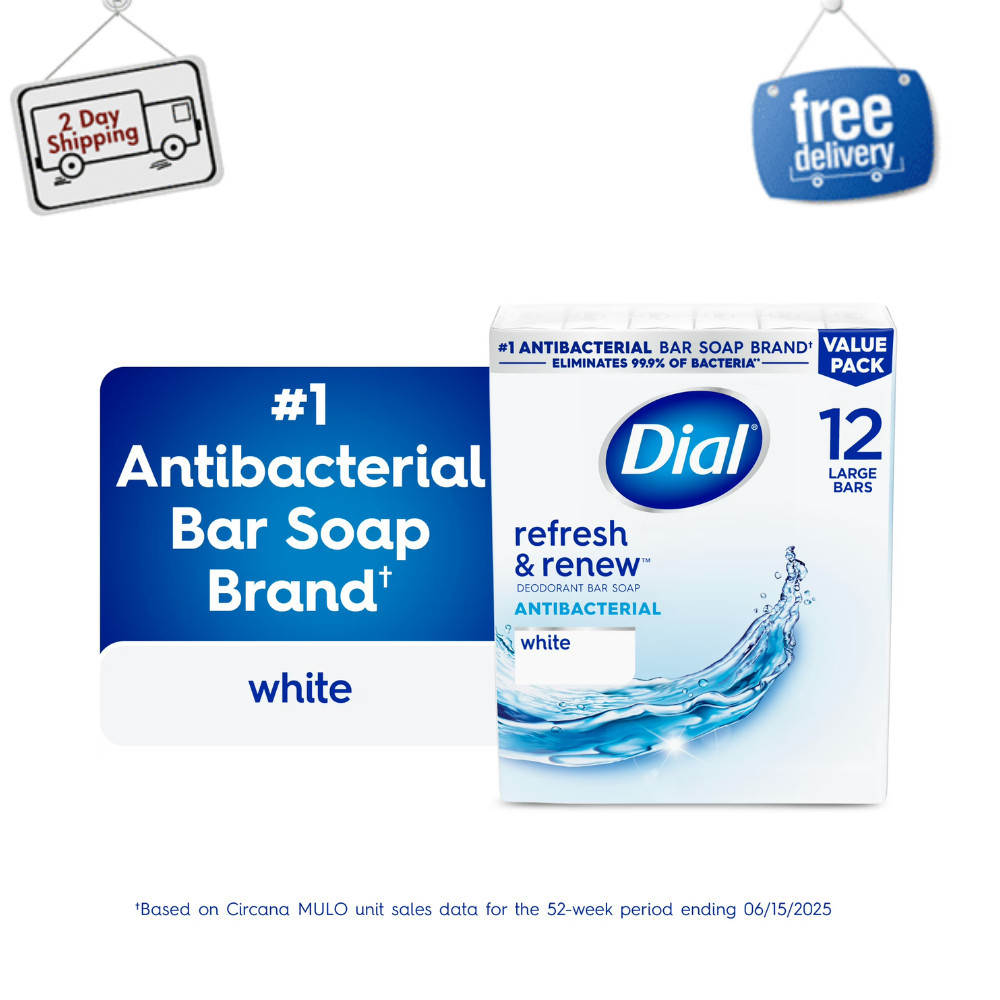 Dial Antibacterial Bar Soap, Refresh & Renew, White, 4 OZ Soap Bars - 12 Pack