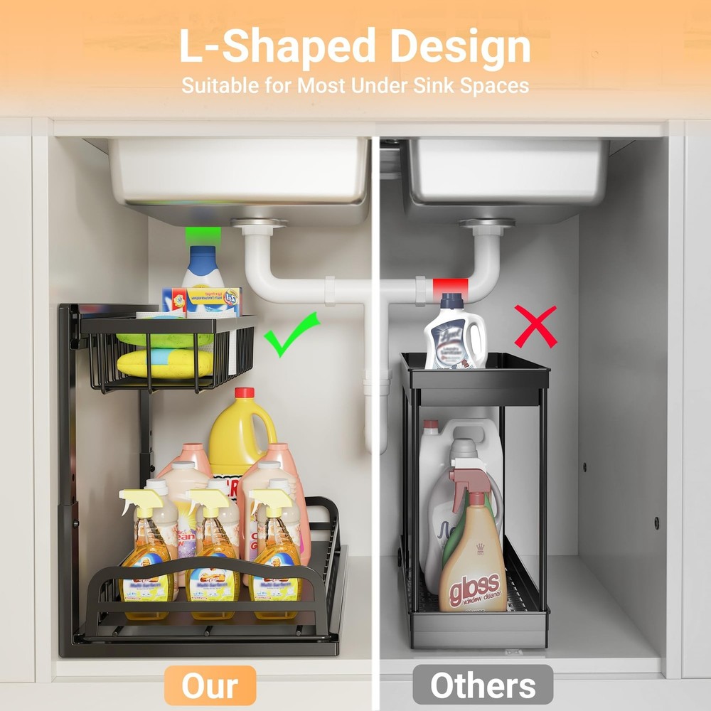 AceMining Under Sink Organizer 2 Pack, L-Shaped 2 Tier Pull Out Cabinet Organ...