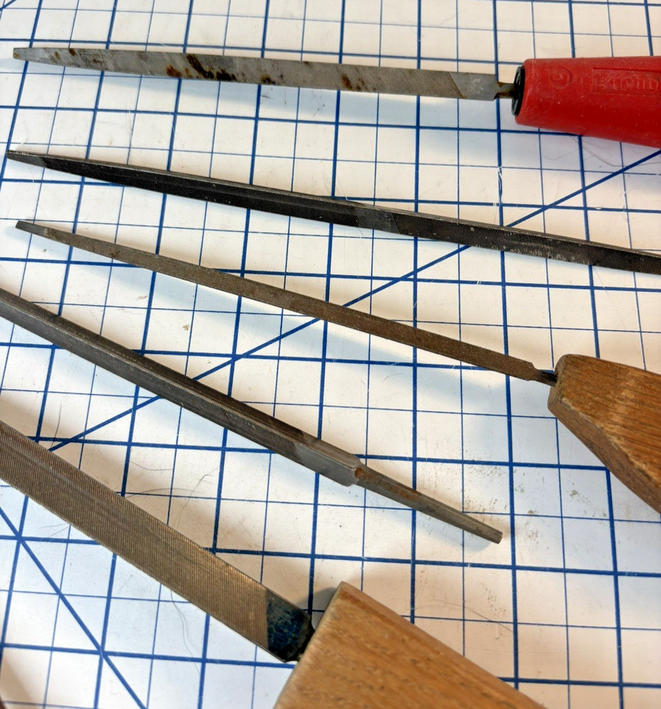 6 Vintage Three Square Triangular Wood Handle Files USA Nicholson