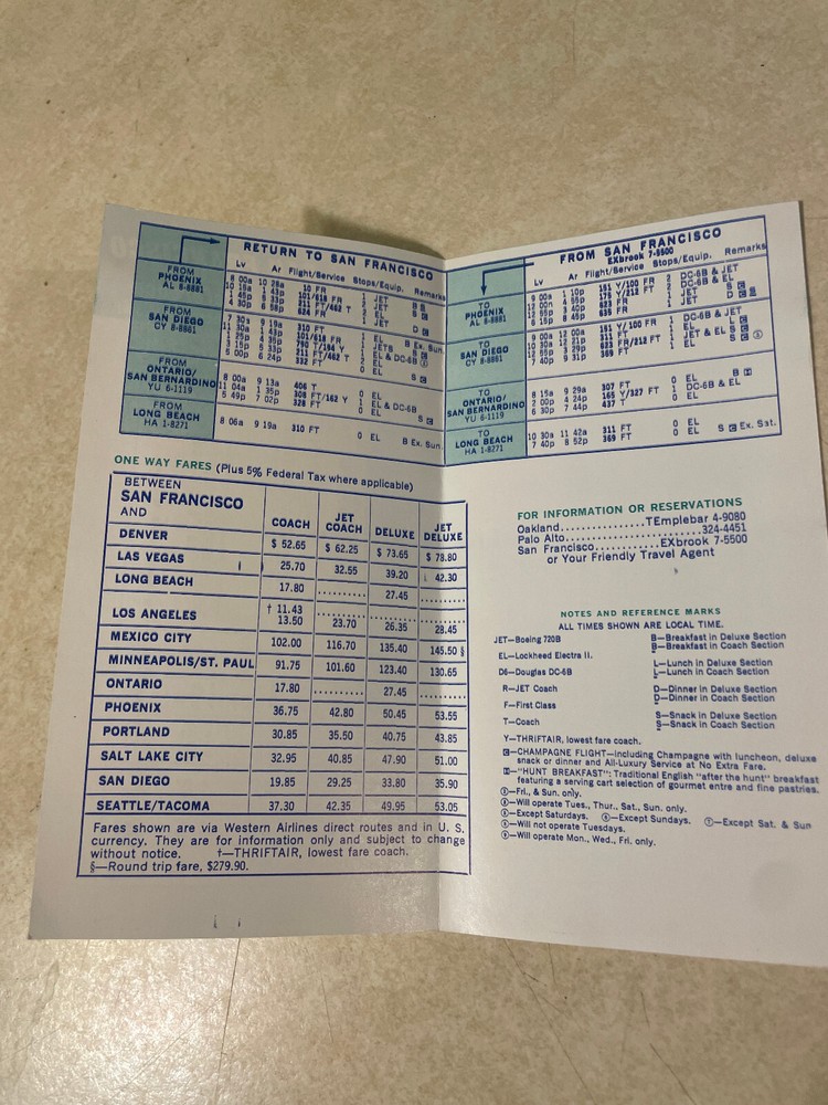 Western Airlines San Francisco Quick Reference Schedule 1963