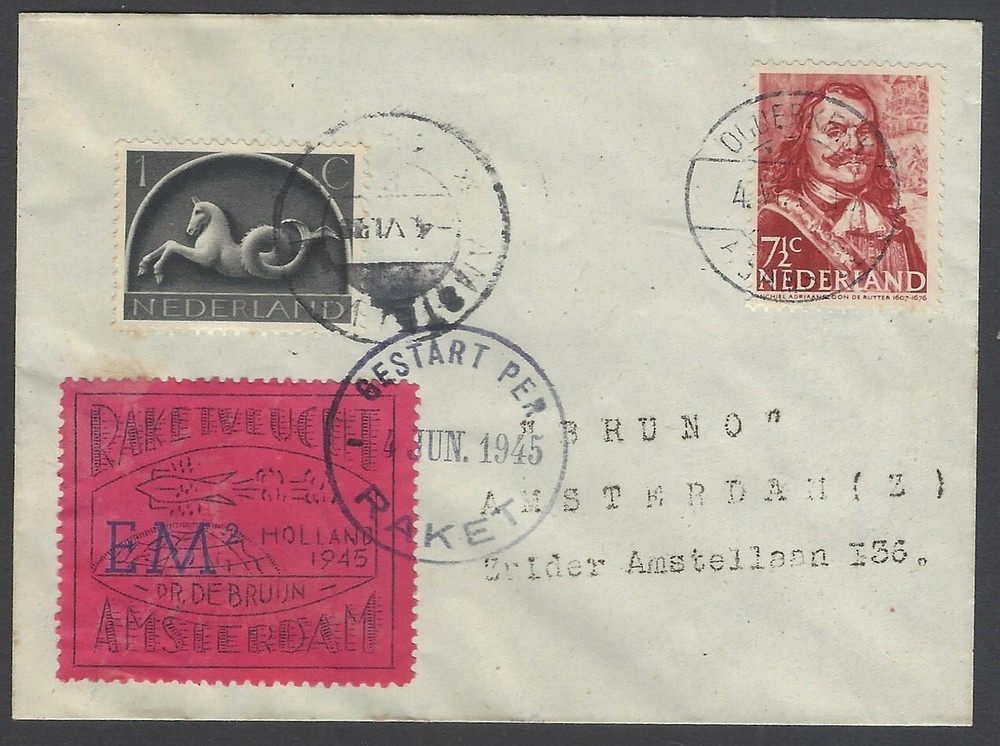 AOP Netherlands 1945 signed NRS ROCKET MAIL cover EZ# 29C1