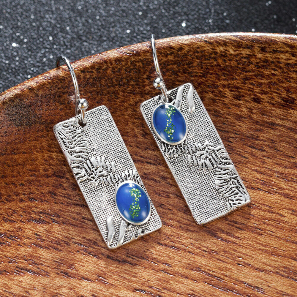 Unique New Silver Plated Blue Asymmetric Rectangle Hook Dangle Drop Earrings