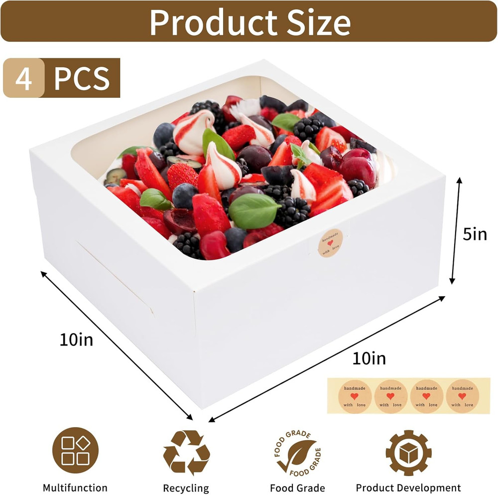 4 Pack Cake Boxes with Window Bakery Boxes for Cake Pie, 10X10X5 Inch