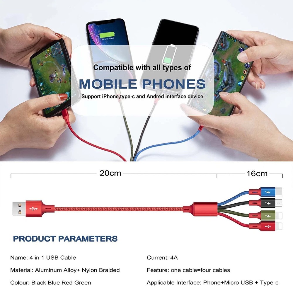 Short Multi Charging Cable, 1Ft/2Pack Multi Charging Cord, 4 in 1 Multiple USB C