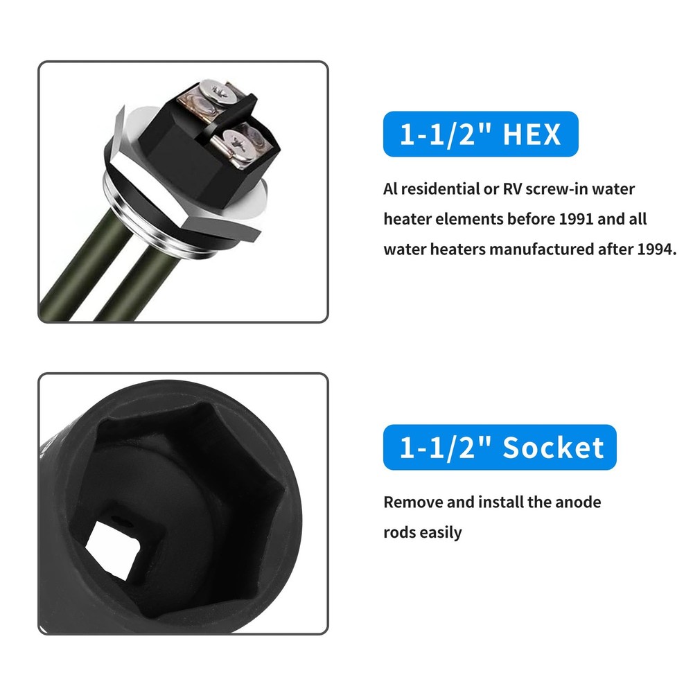 1-1/2 Inch Water Heater Element Socket Wrench 6-Point Design with 1/2-Inch Drive