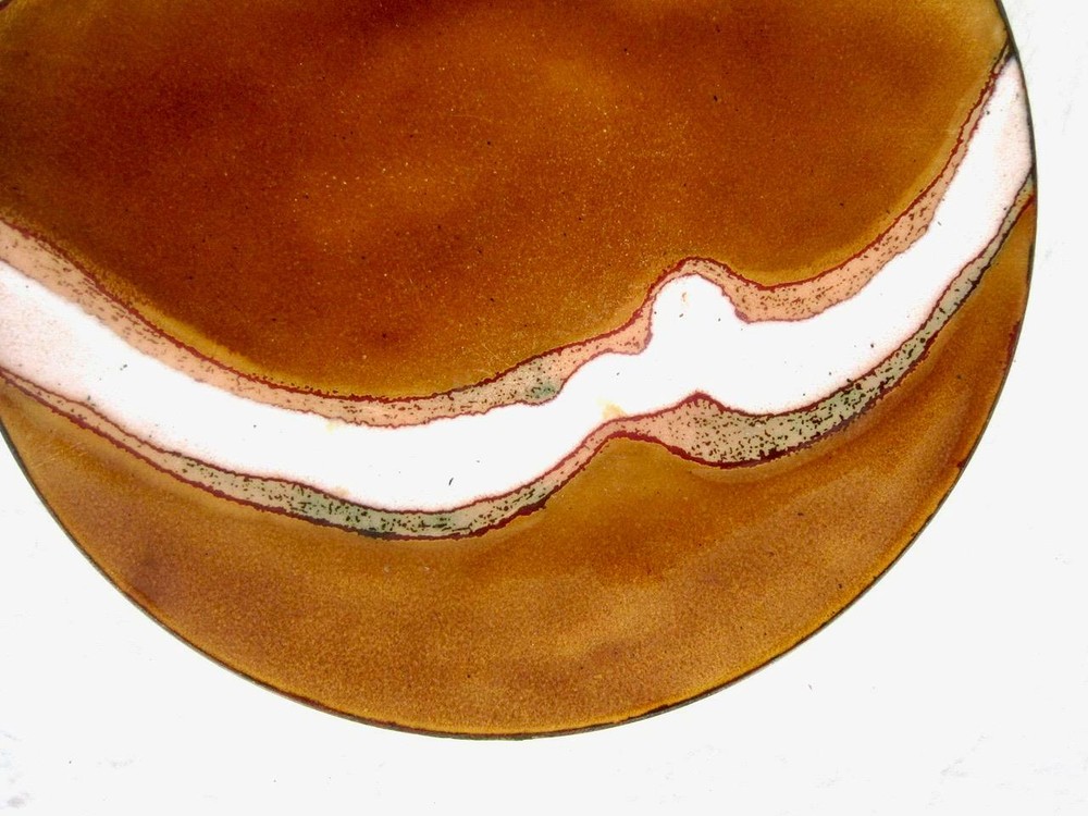 Signed EB Artisan Enamel on Copper Plate 7.75" Abstract Brown Memphis Art Dish