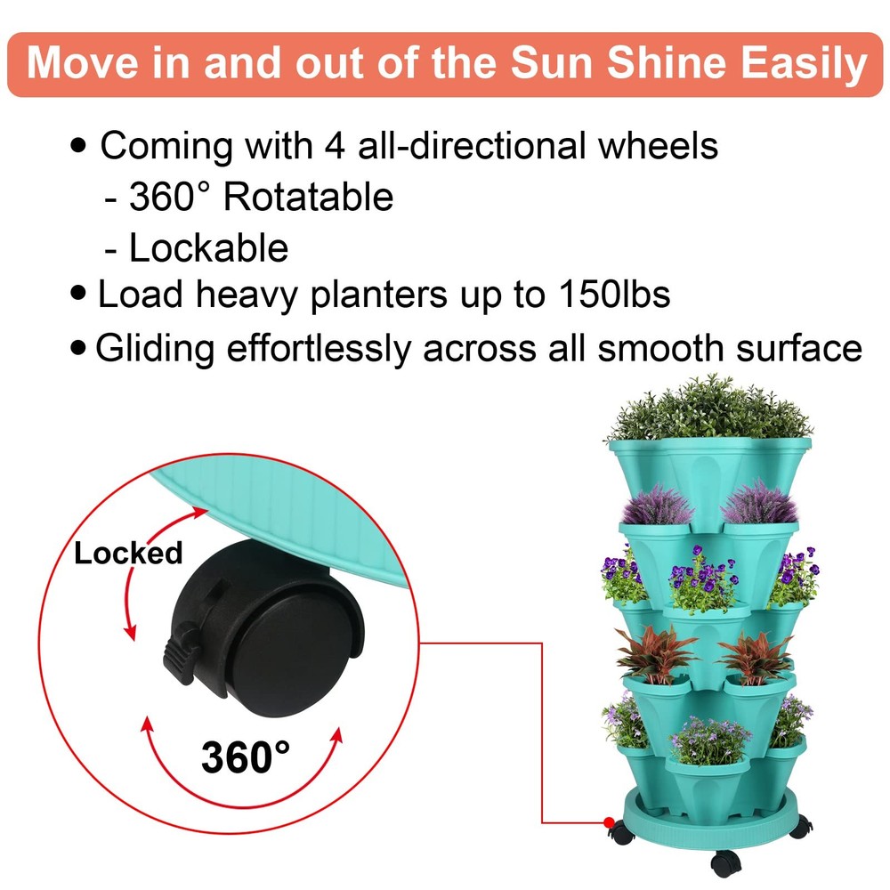 Vertical Planter Tower - 5 Tier Stackable Garden Planters with Wheels and Too...