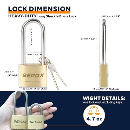 4-Pcs Pack Heavy-Duty Solid Brass Padlocks with Same Keys 6Pcs, 4pcsLong