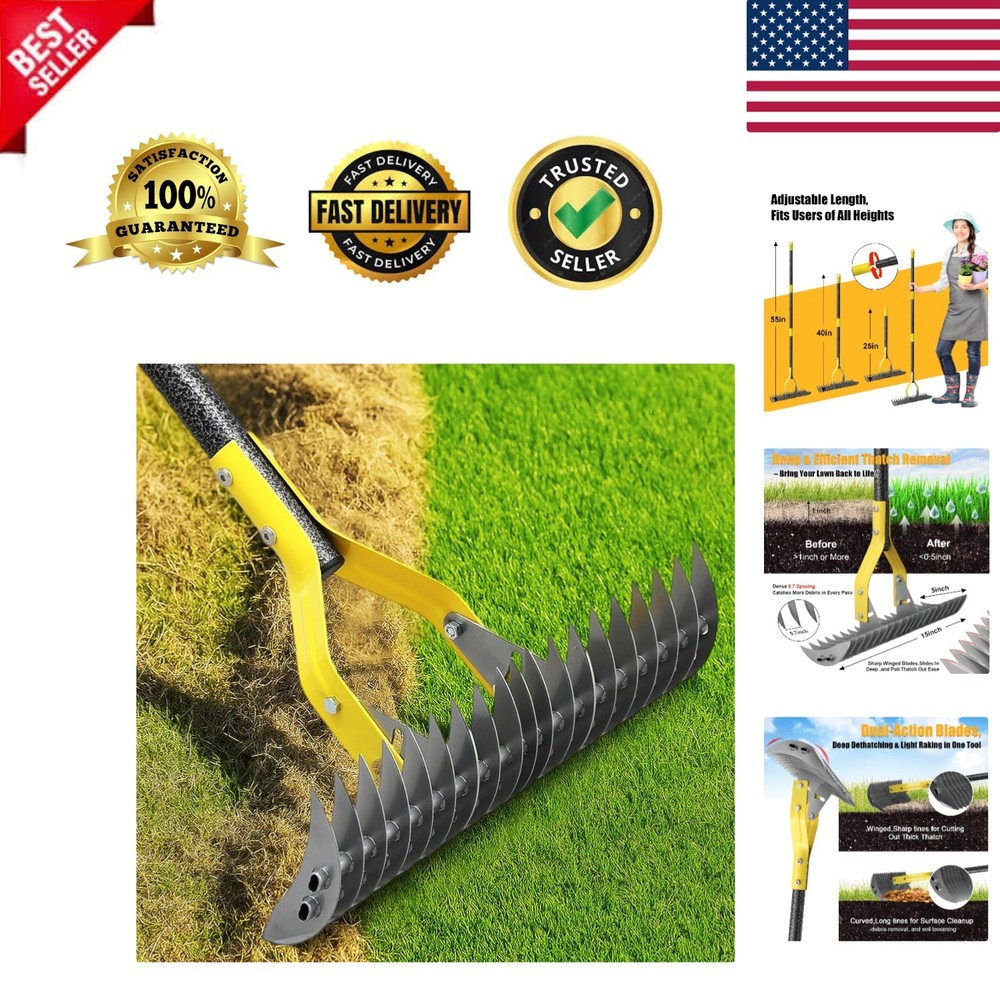 Dual-Action Thatch Rake for Lawn – Efficient 15" Thatching Rake with Sharp De...