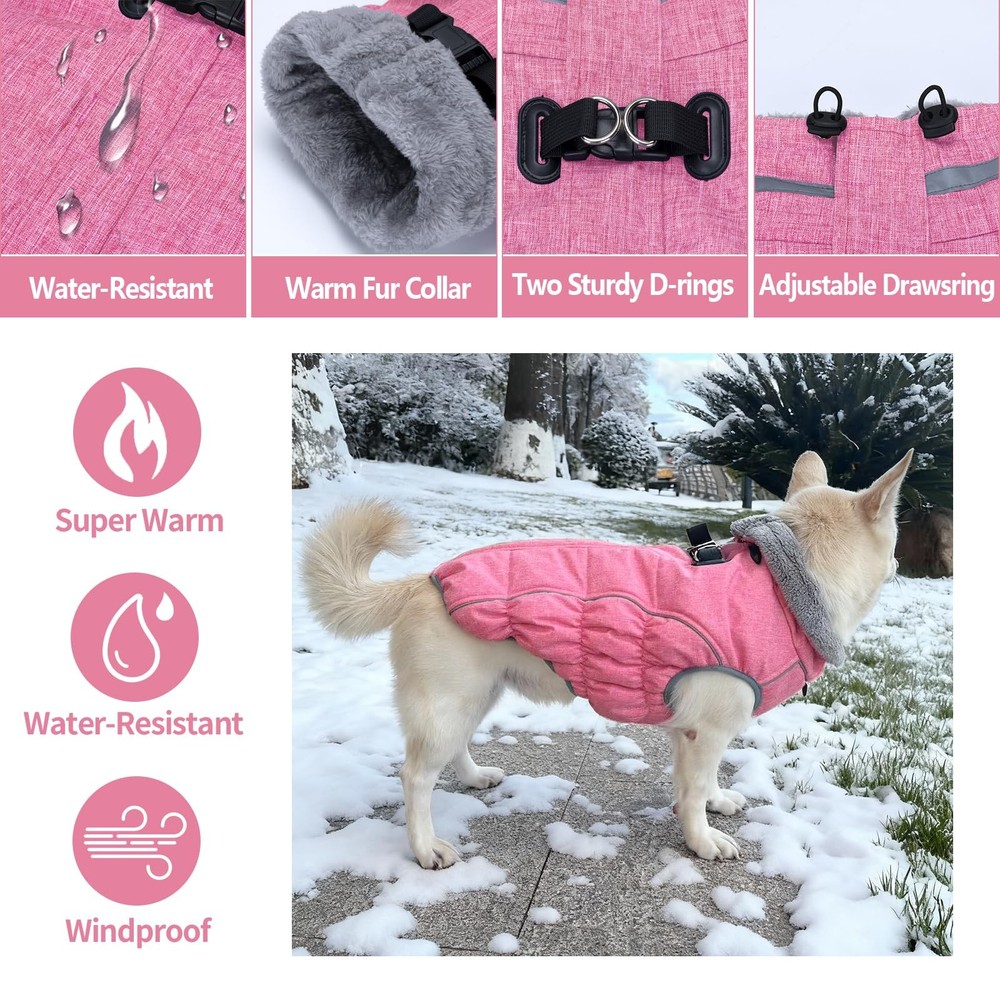 Malier Dog Coat, Reflective Jacket Waterproof Windproof Medium, Pink