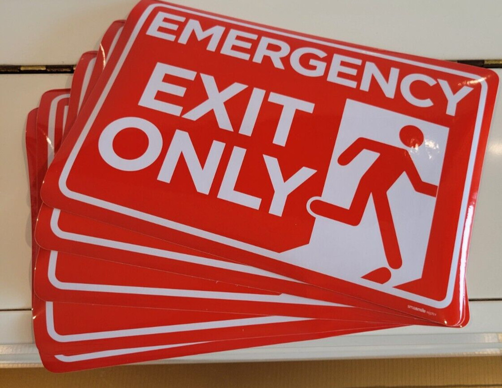 10 EMERGENCY EXIT SIGNS RED AND WHITE 10 BY 7 INCHES