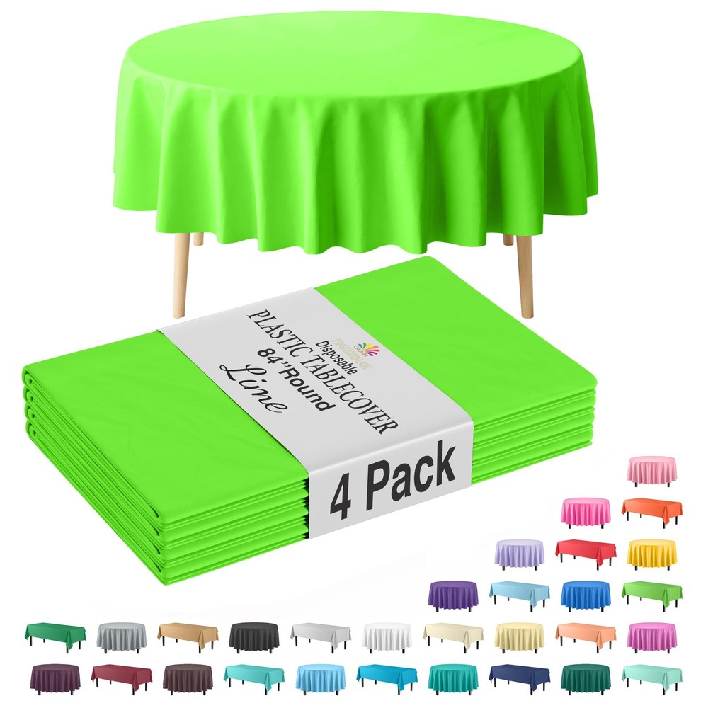 4-Pack Lime Green Plastic Table Cloth - 84-Inch Round - Disposable Tablecloth...