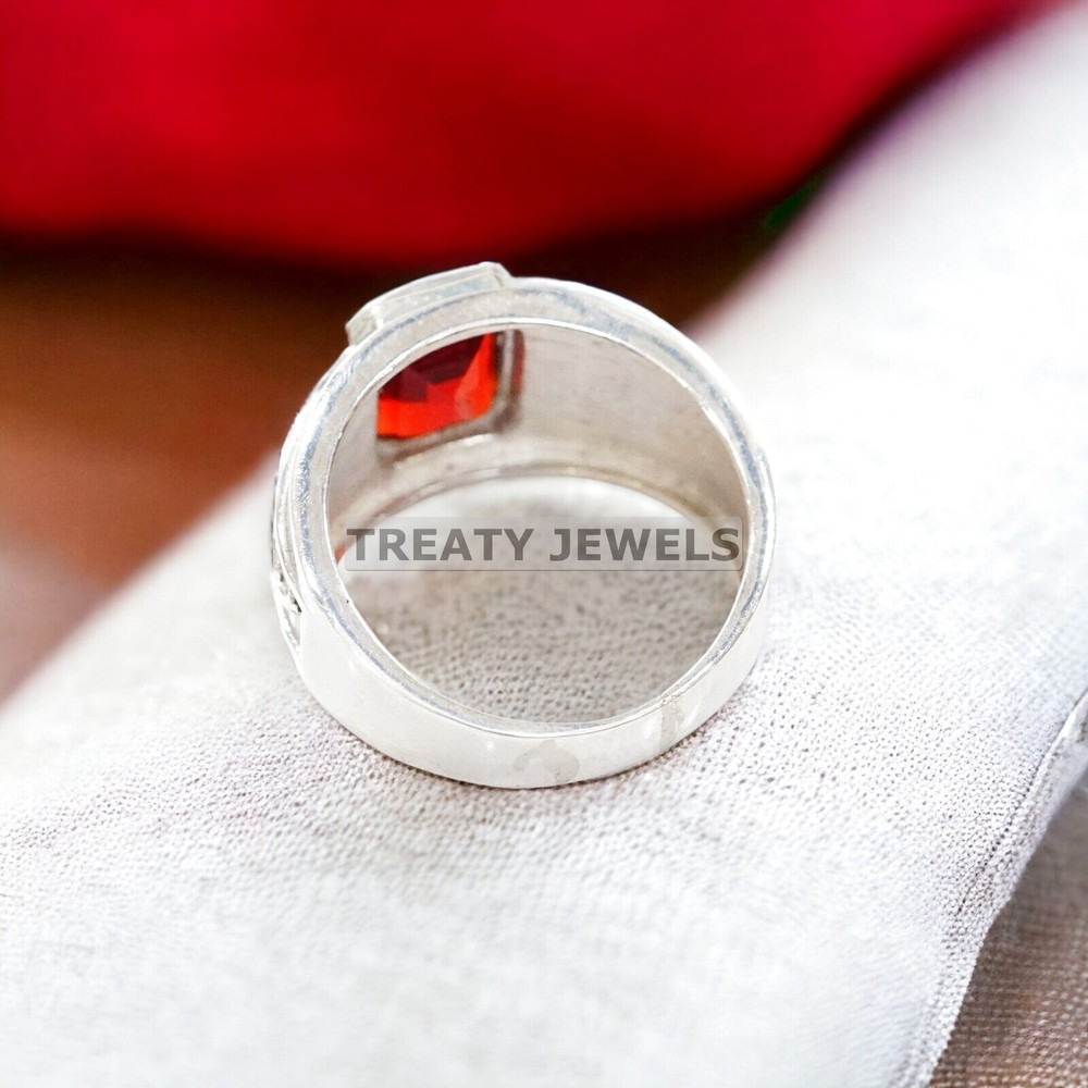 Ruby Emerald Cut Gemstone With 14K Solid White Gold Ring For Men's #989