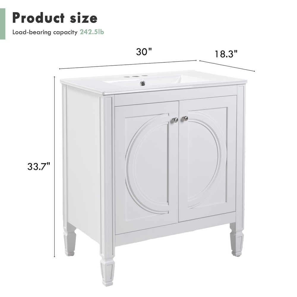 30" White Bathroom Vanity w/Ceramic Sink,2 Soft-Close Doors & Adjustable Shelf
