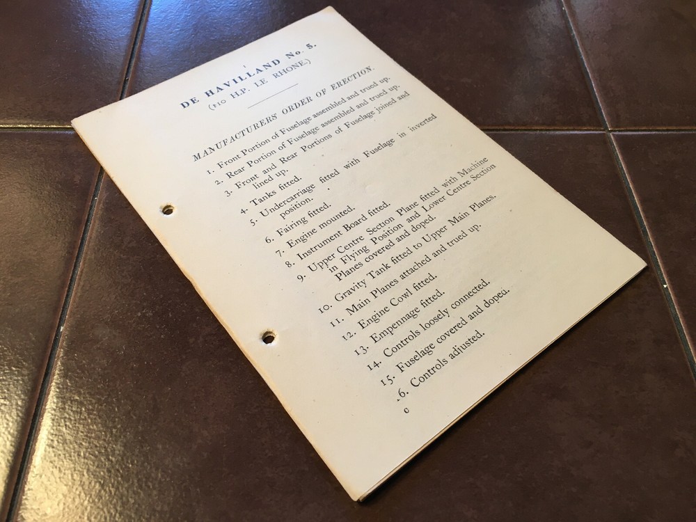 original De Havilland No. 5 with 110hp Le Rhone Erection- Rigging notes.