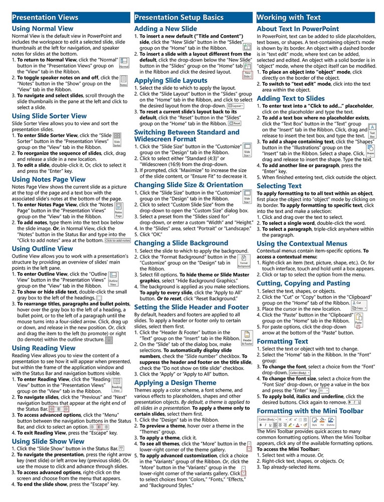 PowerPoint 2019 Introductory Training Guide Quick Reference 4 Page Cheat Sheet