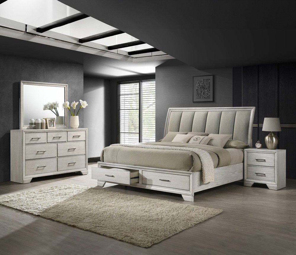 4Pc Queen Size Platform Storage Platform Bed Set White Cream Finish Solid Wood