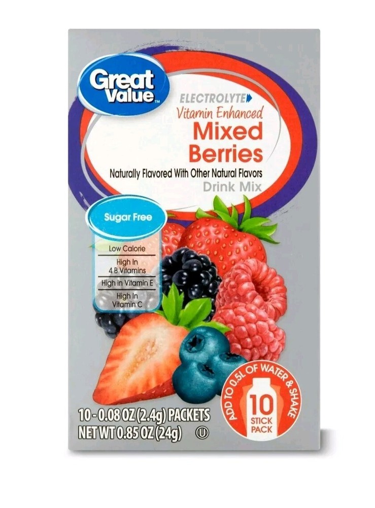 3 Pack! Great Value Sugar Free Electrolyte Mixed Berries Drink Mix