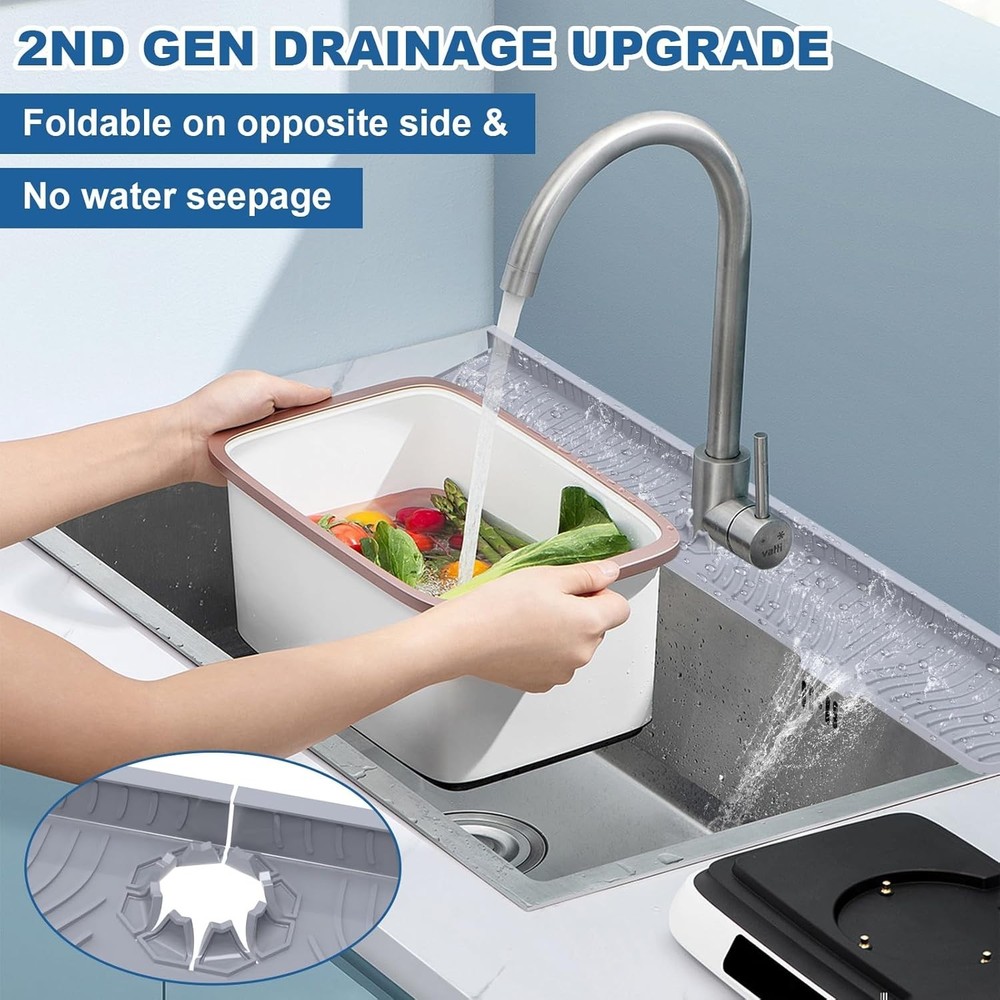 33" Silicone Kitchen Sink Splash Guard - Self-Draining & Adjustable Fit