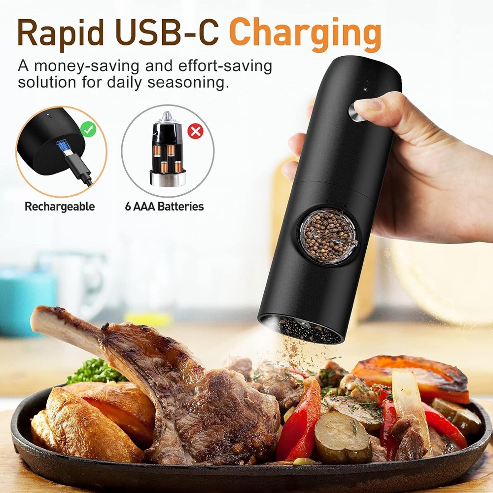 Automatic Salt and Pepper Mills with LED Light & Adjustable Coarseness - 2-Pack