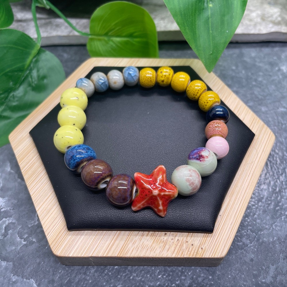 Handmade Ceramic Bead Beaded Stackable 6.5” Plus Stretch Bracelet New B520