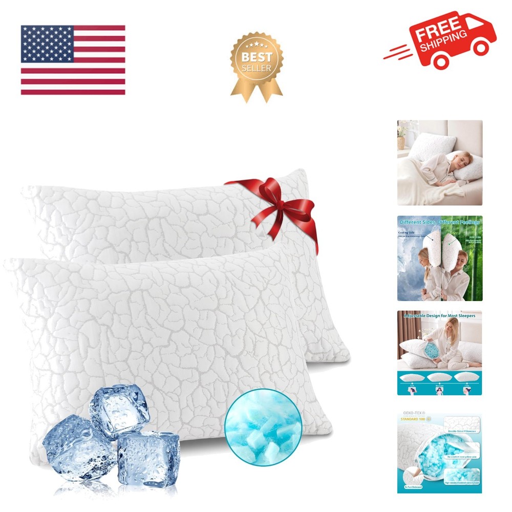 Cooling Pillows for Sleeping 2 Pack, Adjustable Shredded Memory Foam Pillows ...