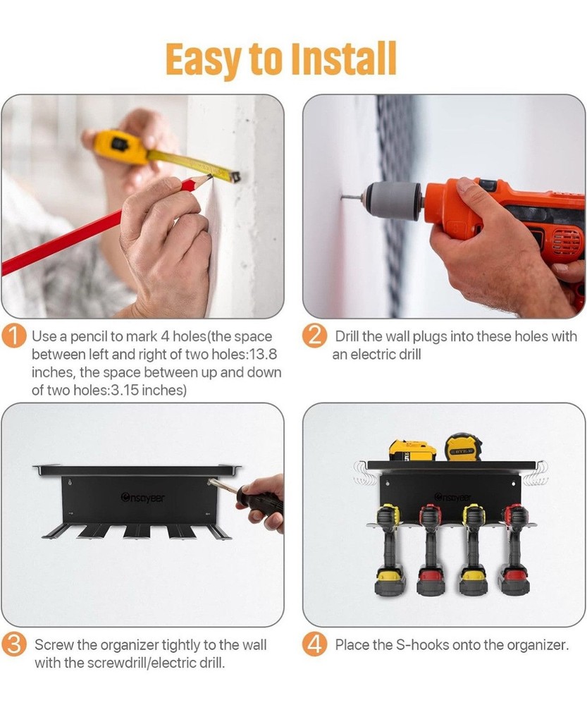 Power Tool Organizer 4 Drill Holders Wall Mounted Garage Tool Storage Rack