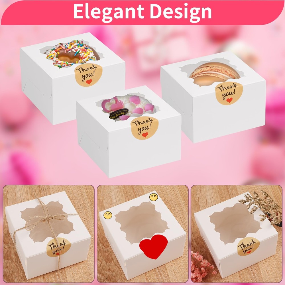24pcs White Cookie Boxes, 4x4x2.5 Inches Bakery Boxes with Window, for Mini C...
