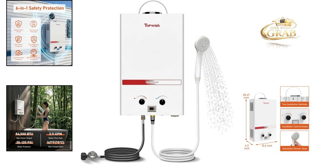 Portable Propane Tankless Water Heater 8L 2.11 GPM Outdoor RV Shower 54500 BTU