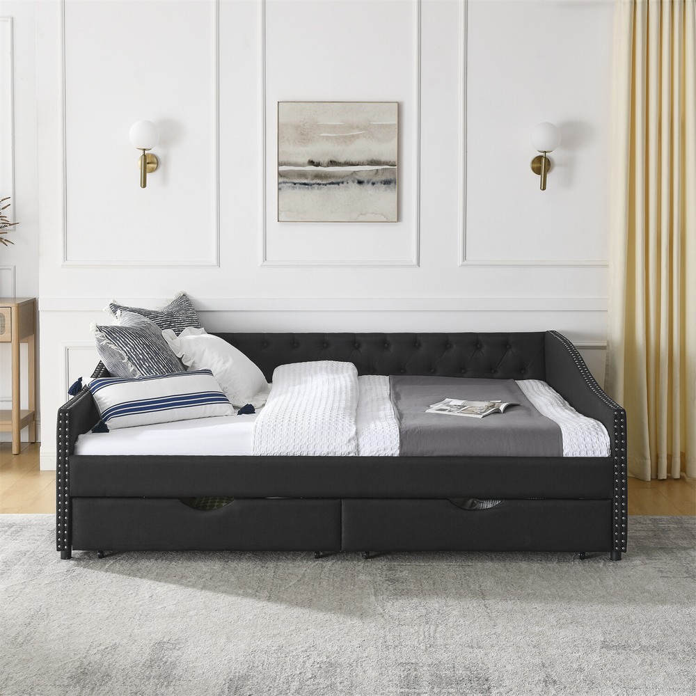 Queen Size Daybed w/ 2 Storage Drawers Upholstered Bed Frame Sofa Bed US