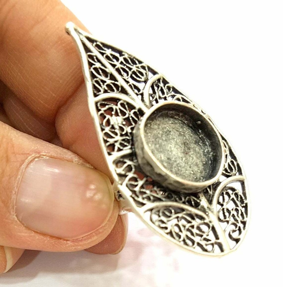 Leaf Adjustable Ring Round Blank Antique Silver Plated Brass G6718