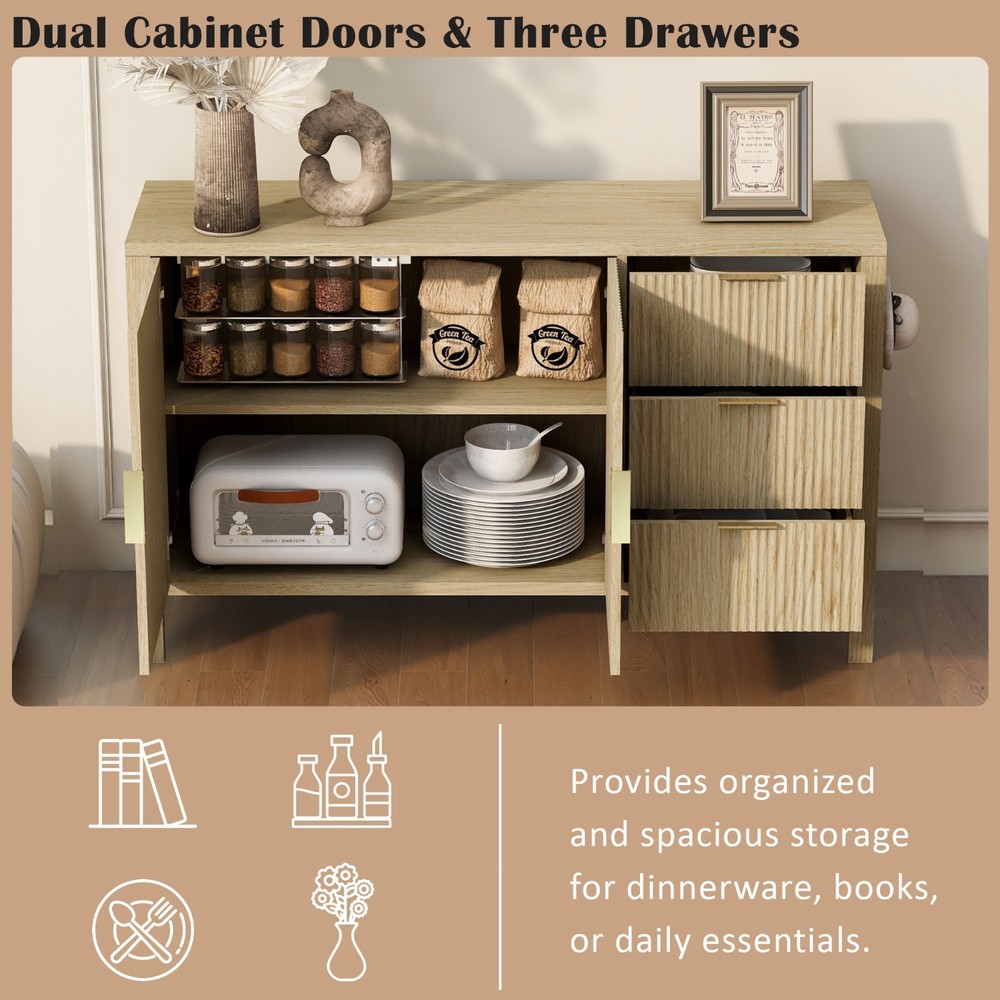 U-Style Modern Wave-Pattern Sideboard (3 Drawers, Hooks, Extra Leg, Large Storag