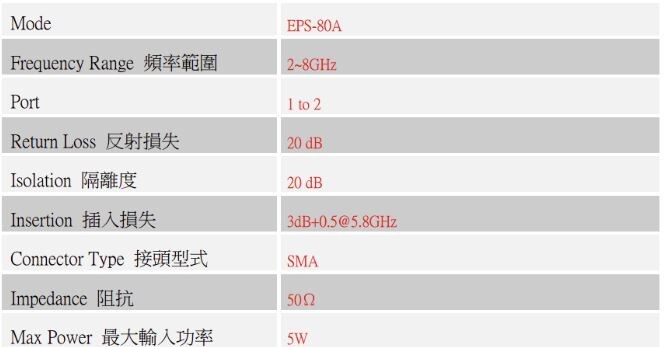 EPS-80A RF Splitter 2000 - 8000 MHz, 50Ω