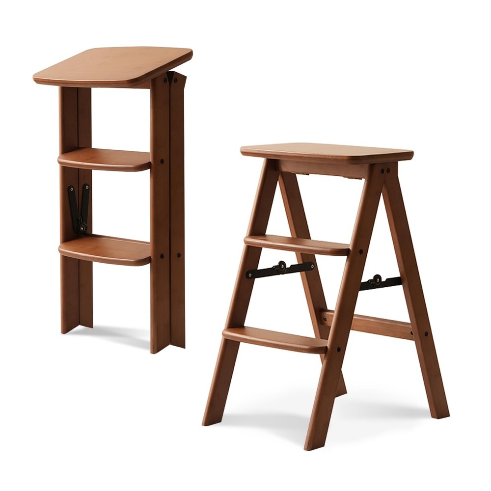 3 Step Ladder Folding Step Stool, Wooden Step Stool Foldable, Folding Step St...