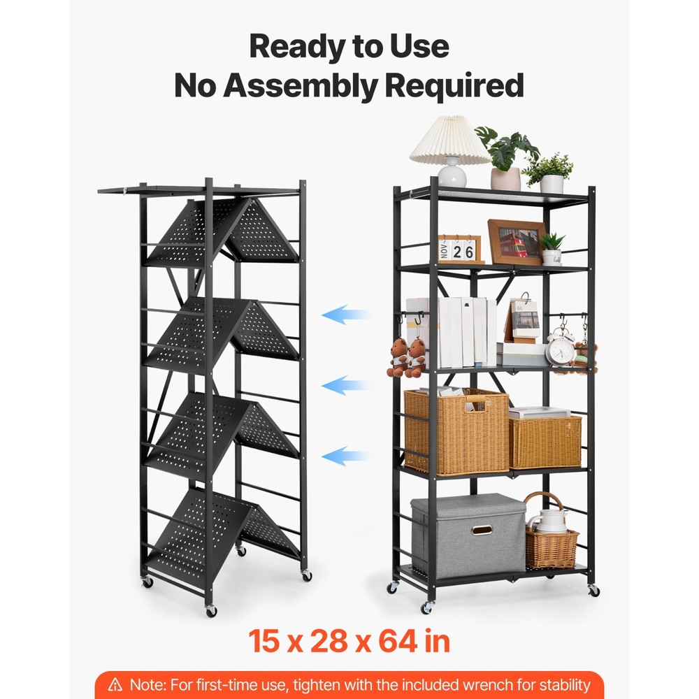 5-Tier Metal Rolling Shelf Black Space-Saving Storage Unit